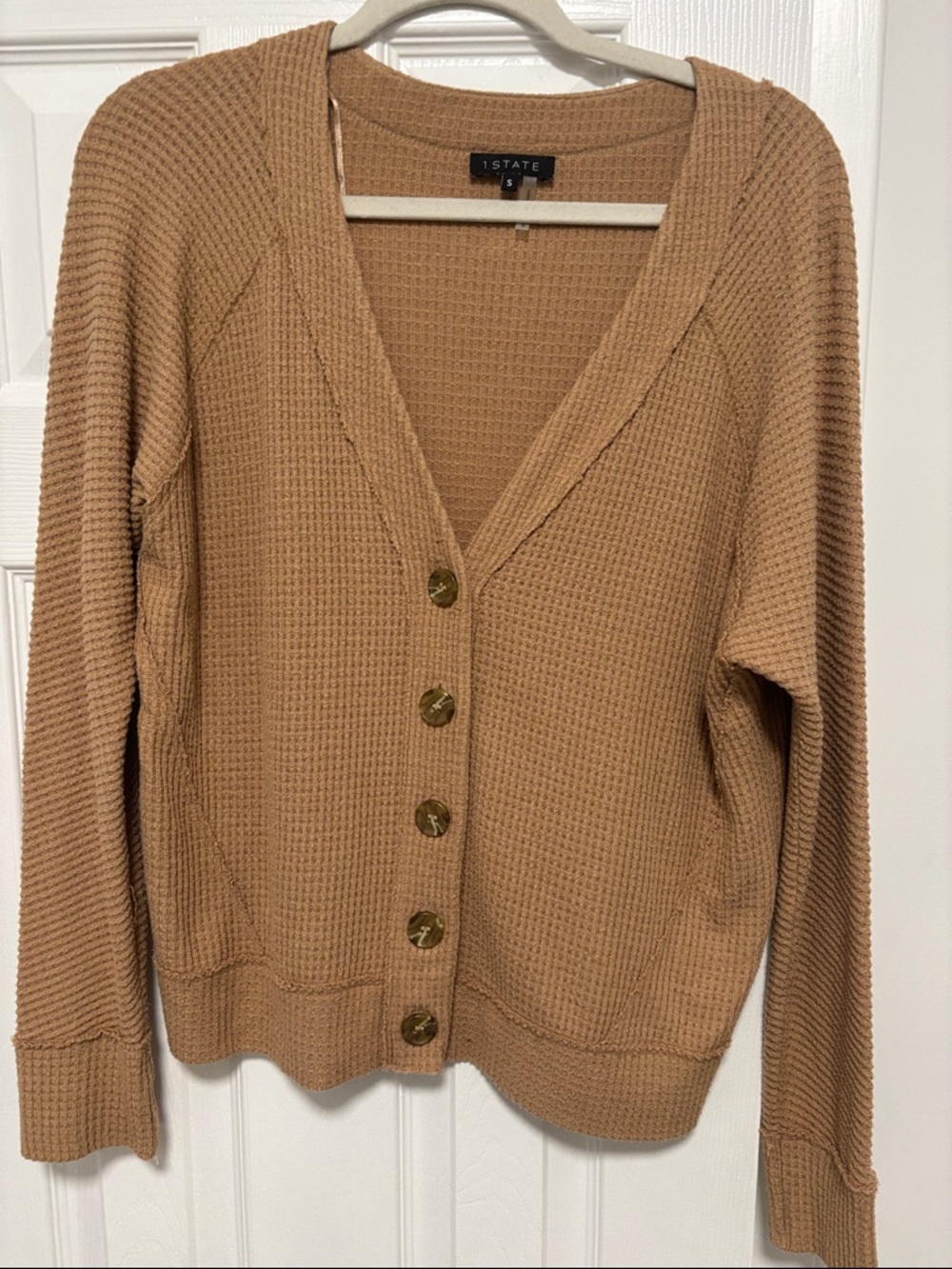 1. State Camel Waffle-Knit Button Cardigan